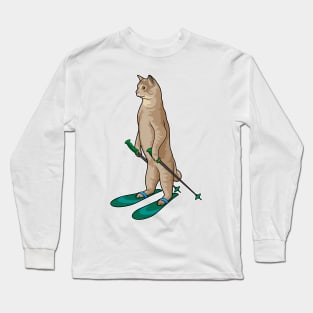 Cat as Skier with Ski & Ski poles Long Sleeve T-Shirt